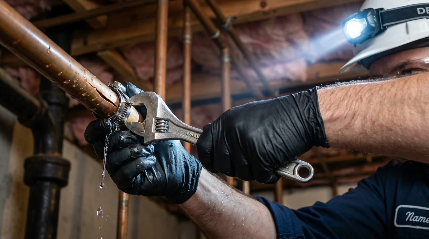 Emergency pipe clamp repair being performed by a Johns Plumbing LLC plumber in Mankato
