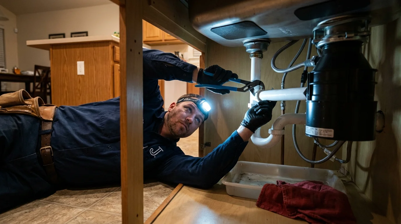 P-trap and supply line connections under a kitchen sink showing a common leak point in Mankato, MN